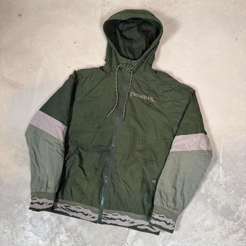 Lord of the Rings BoxLunch Windbreaker Jacket Green Mens Small Narsil Sword Map
